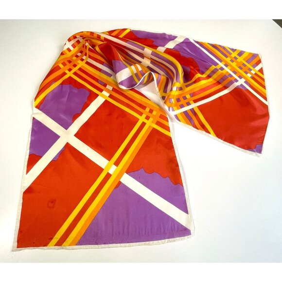 Vintage 70s long skinny scarf, purple, orange, yellow and red, groovy geometric - Picture 6 of 9